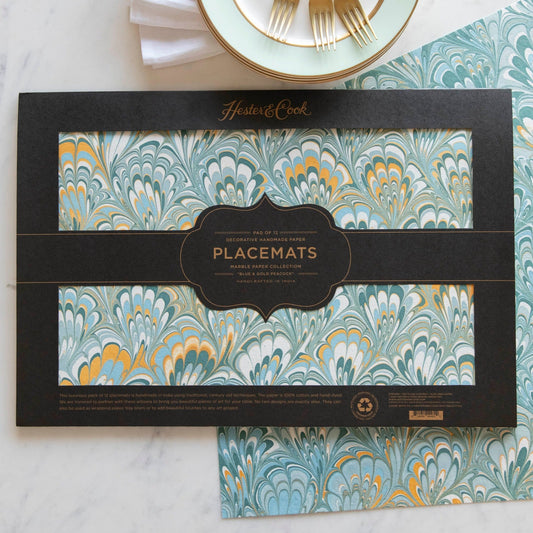 Blue & Gold Peacock Marbled Placemat